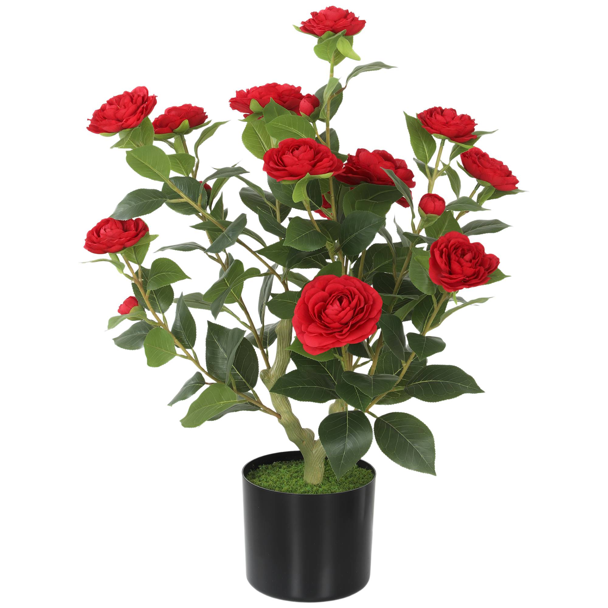 Sans Marque - Planta Artificial Camelia 65 cm Árbol Maceta Flores Seda 116 Hojas Musgo Rojo - Image 1
