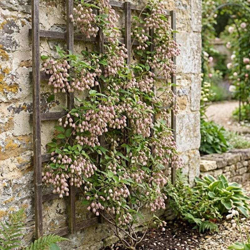 Holboellia traversii à fleurs Rose - feuillage Persistant - Pot de 3L - Echelle bambou 60/120 cm-  hauteur à maturité De 3,00 m à 5,00 m - Imagen 2