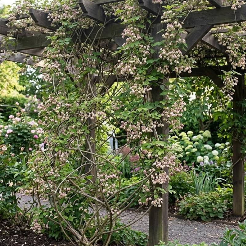 Holboellia traversii à fleurs Rose - feuillage Persistant - Pot de 3L - Echelle bambou 60/120 cm-  hauteur à maturité De 3,00 m à 5,00 m - Imagen 3