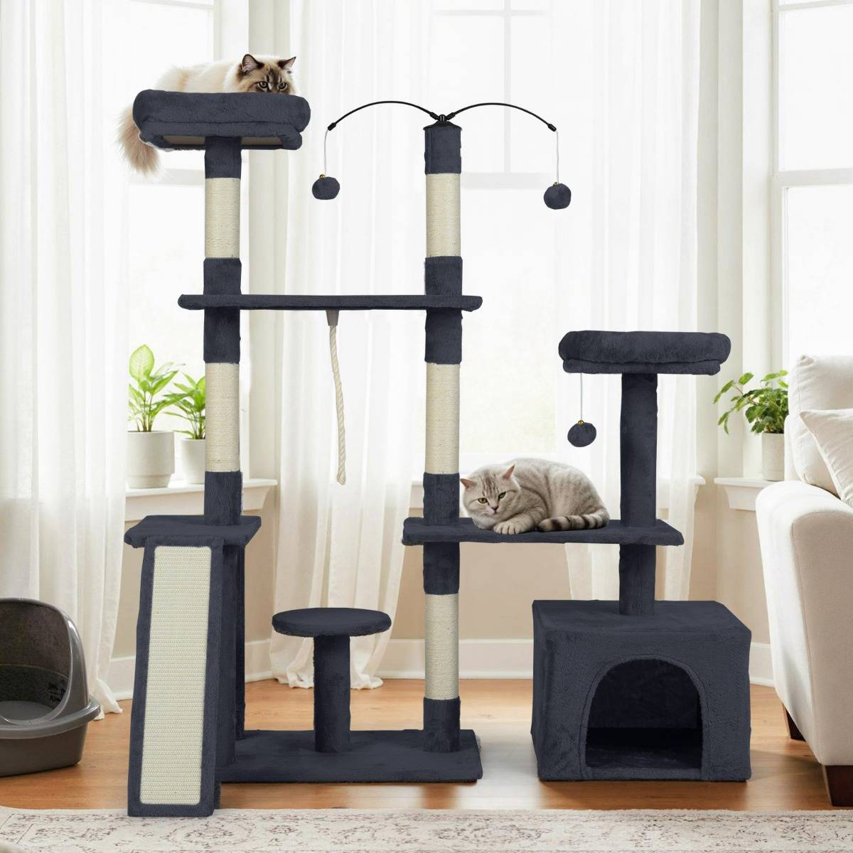 Arbre à Chat 136cm Maison de Jeu avec Poteaux à Griffer en Sisal Rampe 2 Perchoirs Rembourrés - Image 3