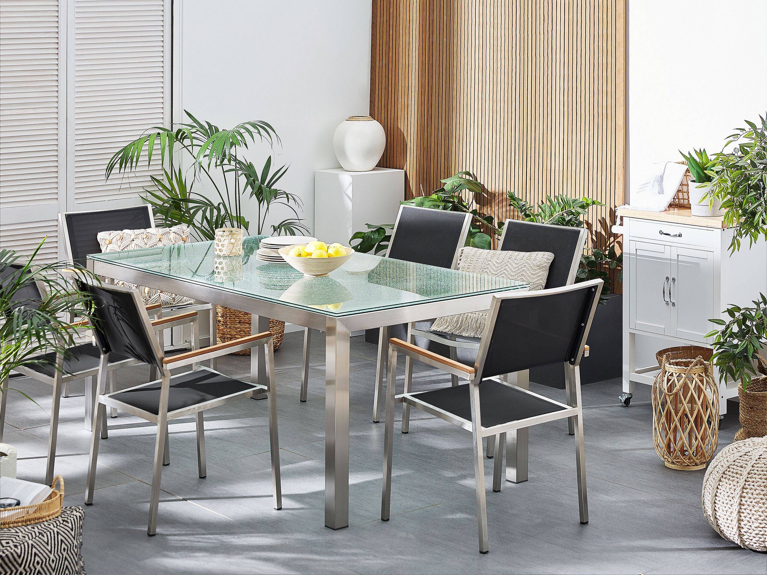 Beliani - Salon de Jardin composé d'une Table 180 x 90 cm et de 6 Chaises en Acier Inox, Textile Noir et Verre Effet Brisé au Design Moderne - Imagen 2