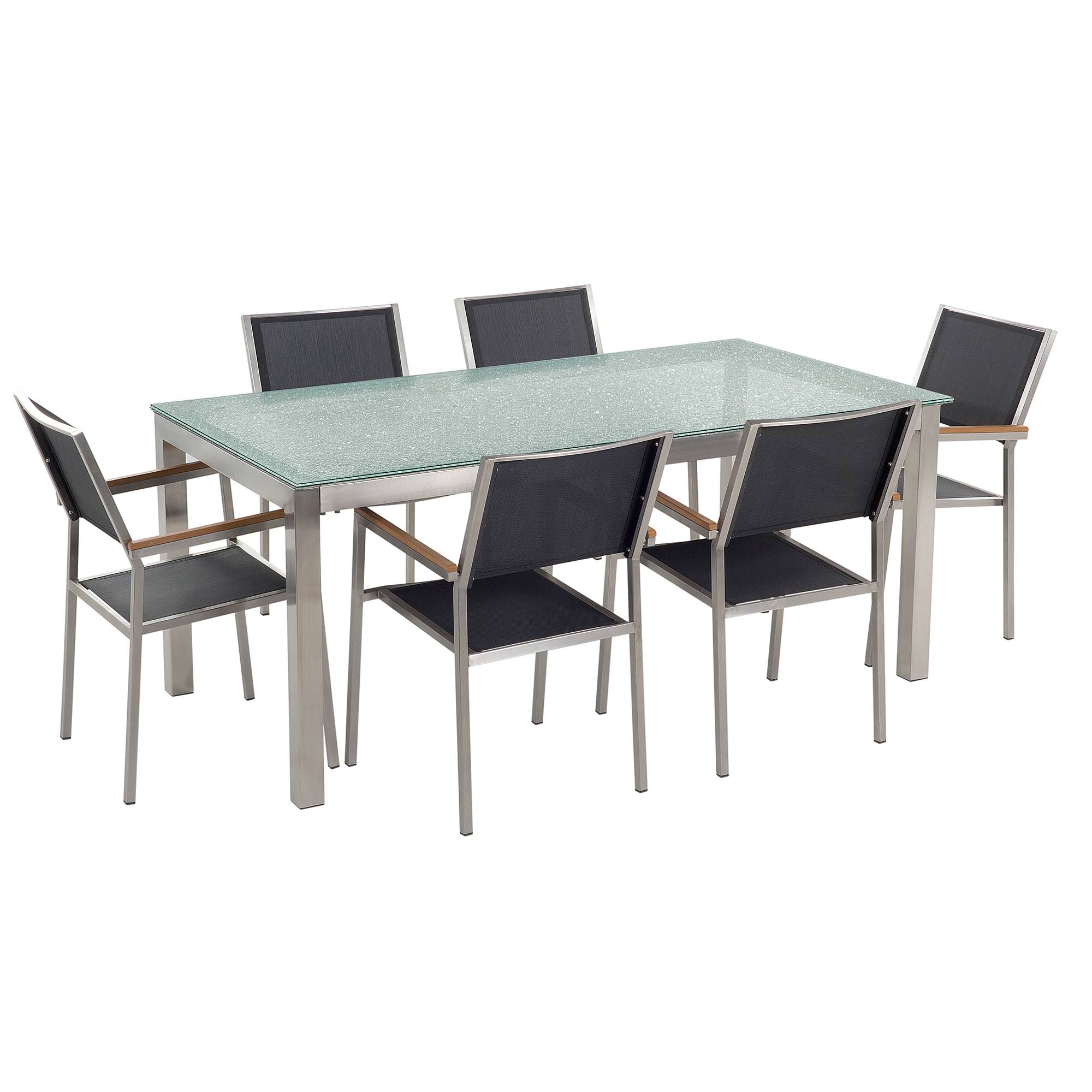 Beliani - Salon de Jardin composé d'une Table 180 x 90 cm et de 6 Chaises en Acier Inox, Textile Noir et Verre Effet Brisé au Design Moderne - Imagen 1