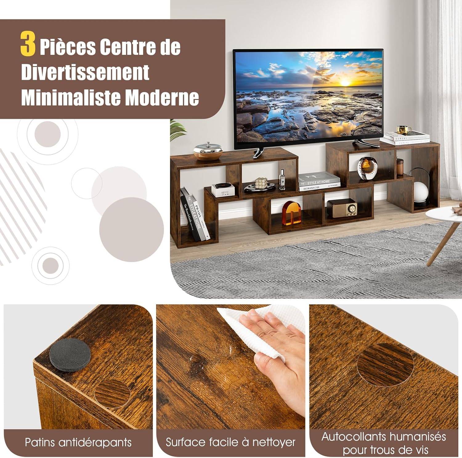 Meuble TV 3 Niveaux 6 Compartiments – Noir/Naturel – MDF – 150 Cm – Neuf