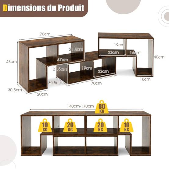 Meuble TV 6 Compartiments en 3 Pcs Modulaire, Meuble Télé Étagère Modulaire (Marron Rustique) - Image 4