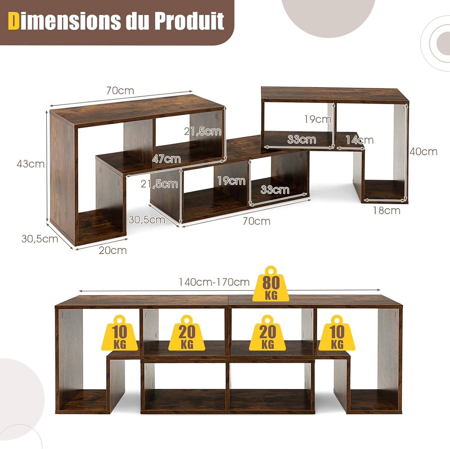 Meuble TV 6 Compartiments en 3 Pcs Modulaire, Meuble Télé Étagère Modulaire (Marron Rustique) - Image 4