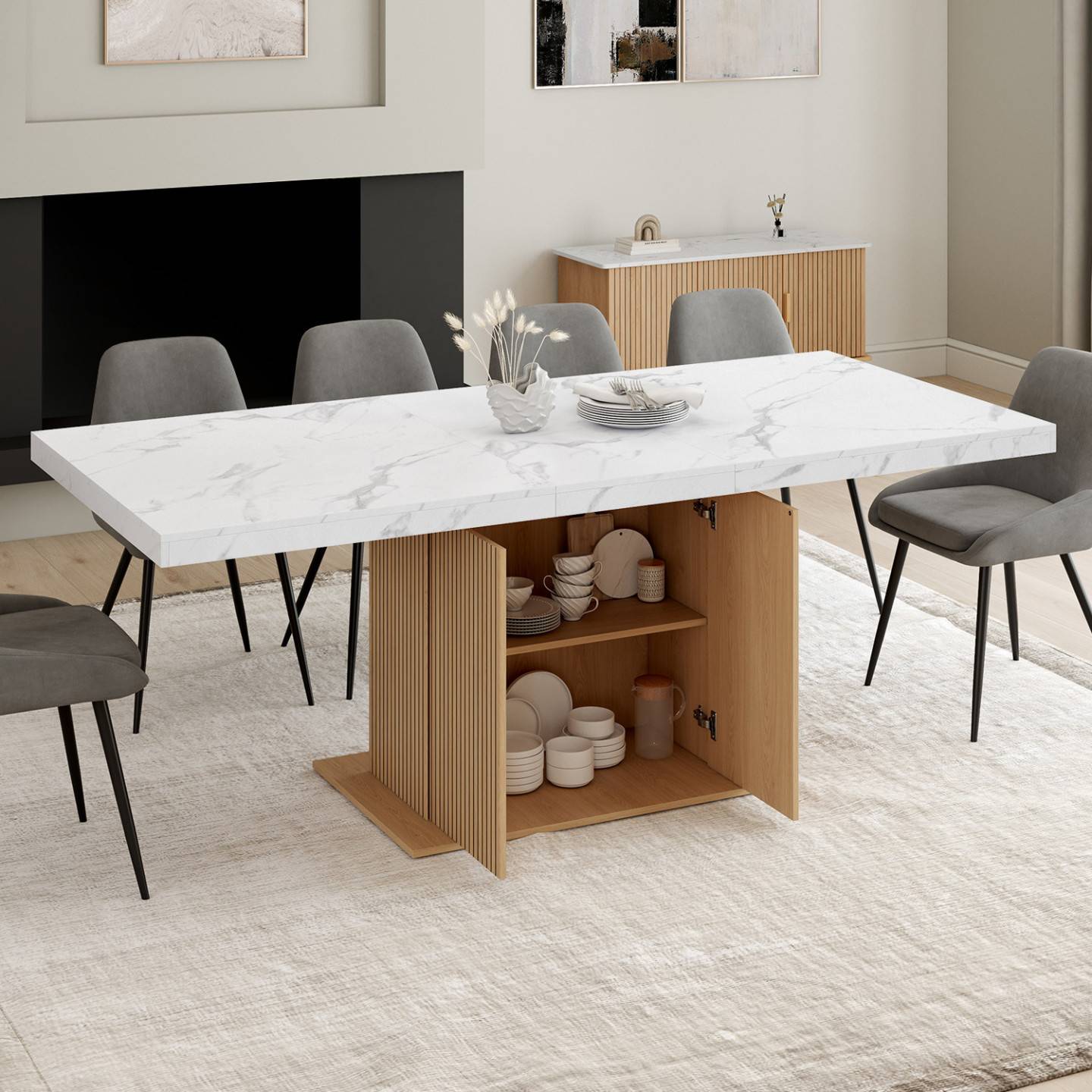 Table à manger extensible rectangle JULIETTE 6-10 personnes plateau effet marbre lattes tasseau bois avec rangement 160-200 cm - Image 1