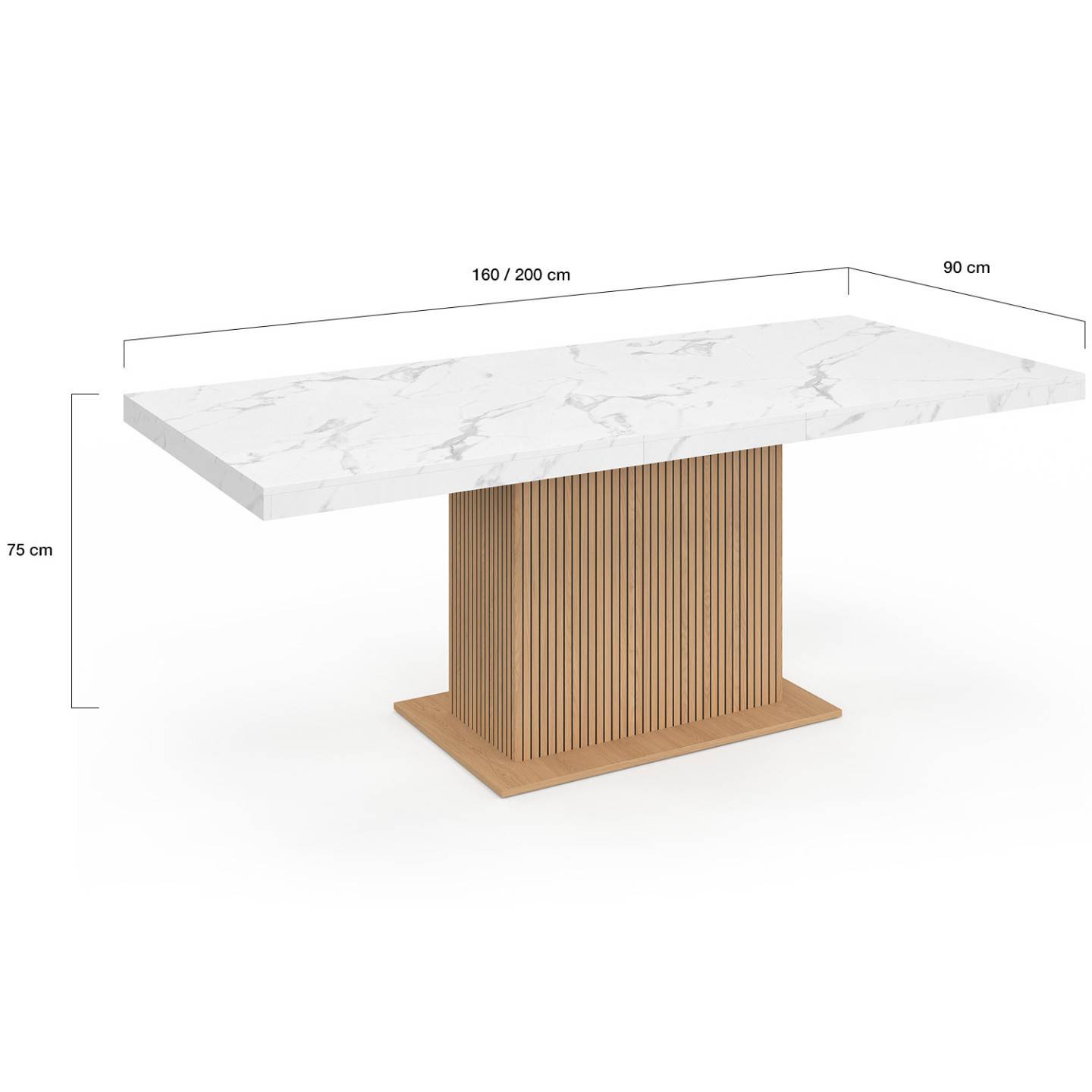 Table à manger extensible rectangle JULIETTE 6-10 personnes plateau effet marbre lattes tasseau bois avec rangement 160-200 cm - Image 5