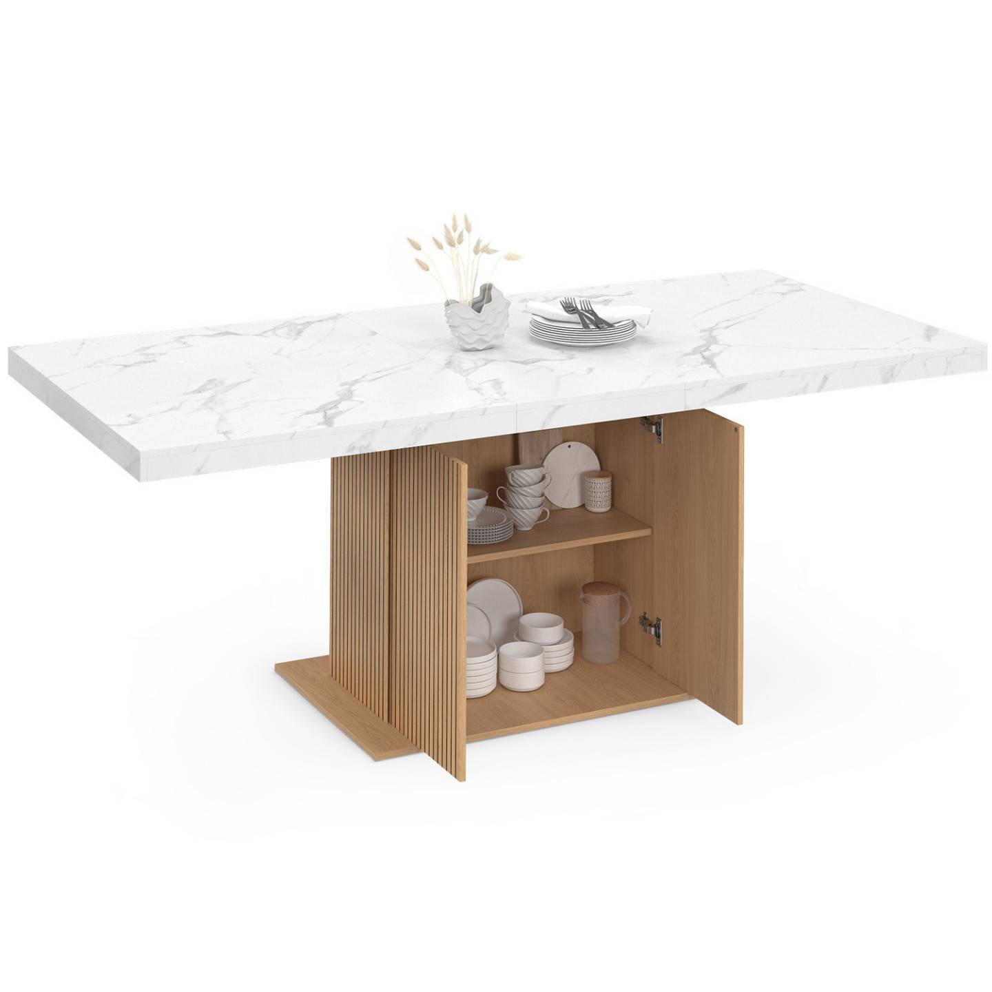 Table à manger extensible rectangle JULIETTE 6-10 personnes plateau effet marbre lattes tasseau bois avec rangement 160-200 cm - Image 2