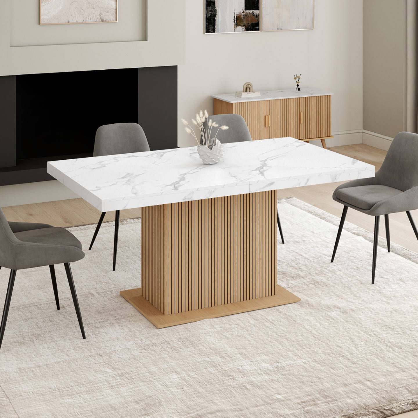 Table à manger extensible rectangle JULIETTE 6-10 personnes plateau effet marbre lattes tasseau bois avec rangement 160-200 cm - Image 4