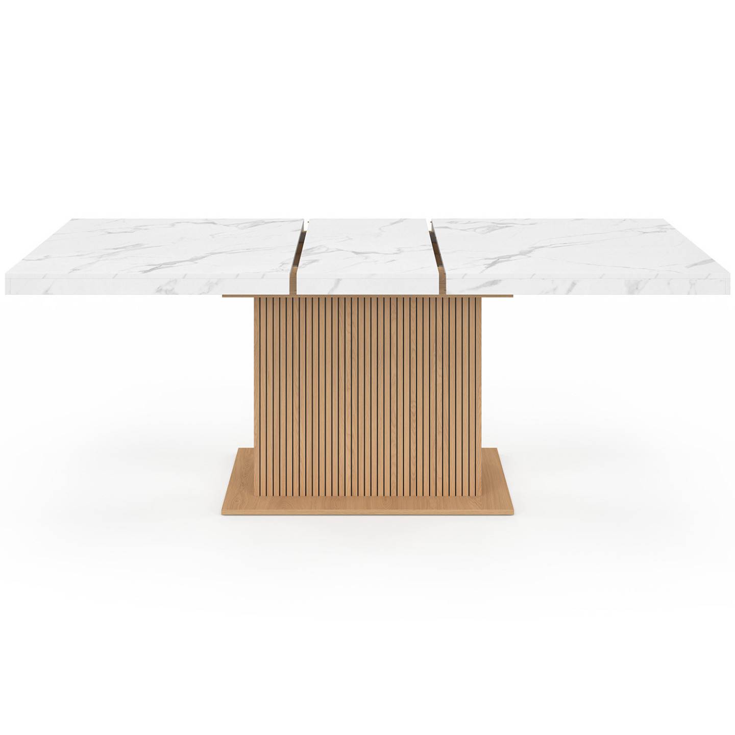 Table à manger extensible rectangle JULIETTE 6-10 personnes plateau effet marbre lattes tasseau bois avec rangement 160-200 cm - Image 3