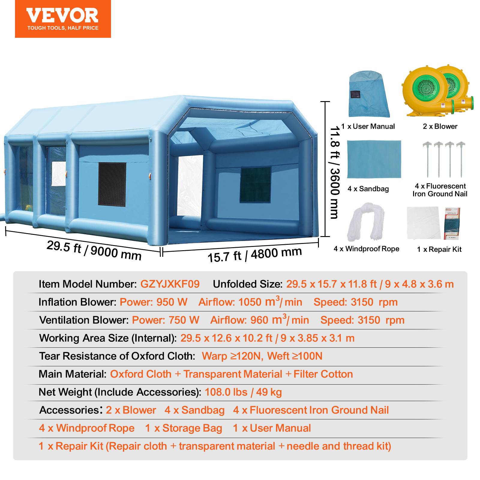 Vevor - VEVOR Cabine peinture gonflable 9x4.8x3.6m, souffleurs 950+750W avec filtration, station de travail atelier. - Image 7
