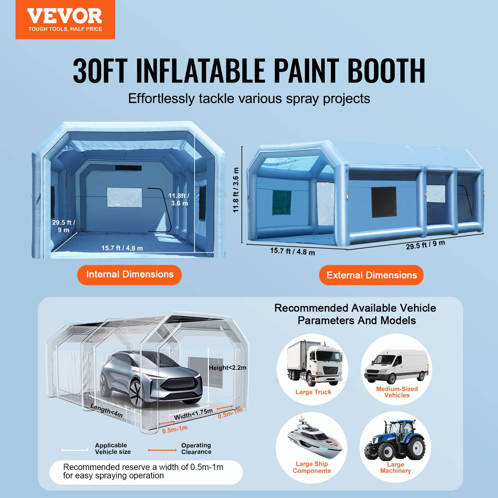Vevor - VEVOR Cabine peinture gonflable 9x4.8x3.6m, souffleurs 950+750W avec filtration, station de travail atelier. - Image 2
