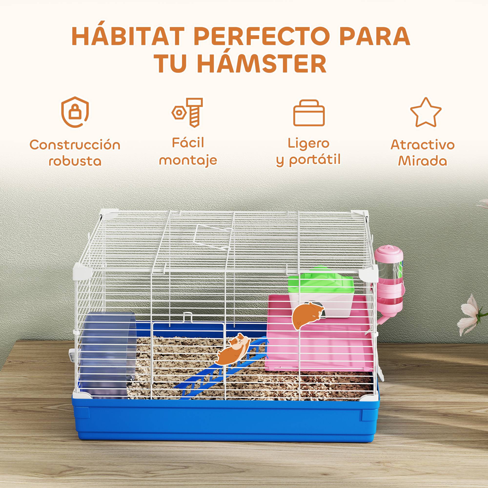 Cage pour hamster et gerbilles avec roue d'exercice, gamelle d'eau, maison et rampes d'accès, 47 x 30 x 27 cm, bleue. - Image 9