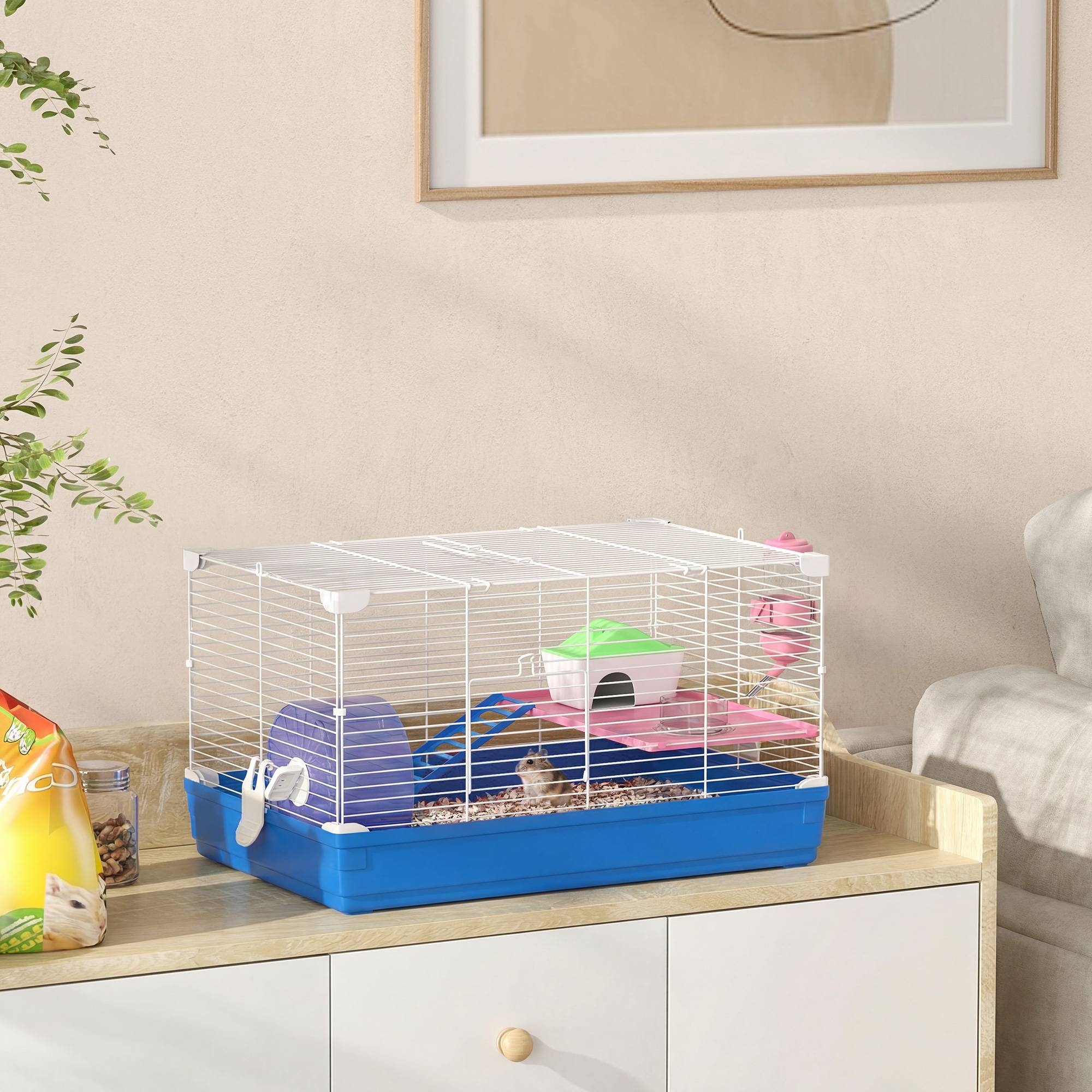 Cage pour hamster et gerbilles avec roue d'exercice, gamelle d'eau, maison et rampes d'accès, 47 x 30 x 27 cm, bleue. - Image 4