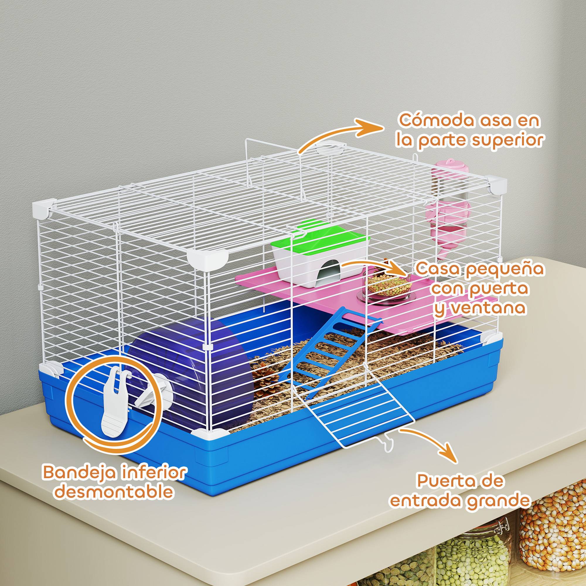 Cage pour hamster et gerbilles avec roue d'exercice, gamelle d'eau, maison et rampes d'accès, 47 x 30 x 27 cm, bleue. - Image 7