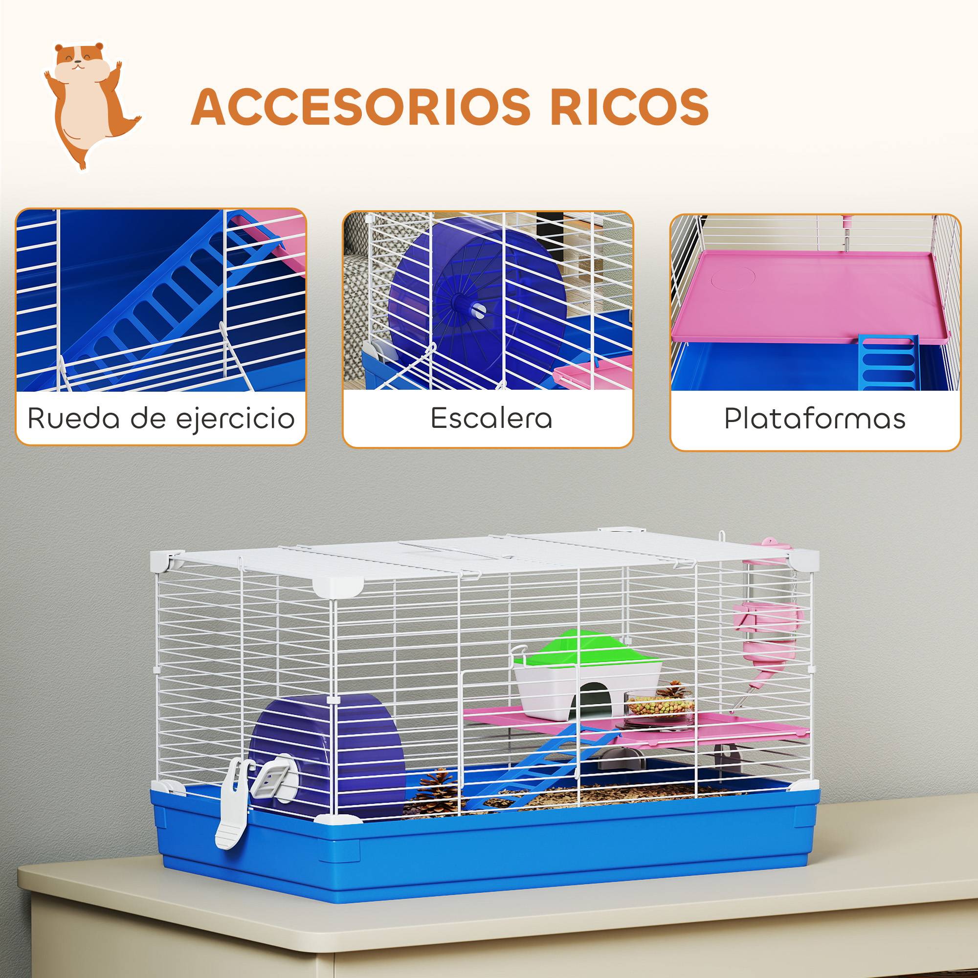 Cage pour hamster et gerbilles avec roue d'exercice, gamelle d'eau, maison et rampes d'accès, 47 x 30 x 27 cm, bleue. - Image 8
