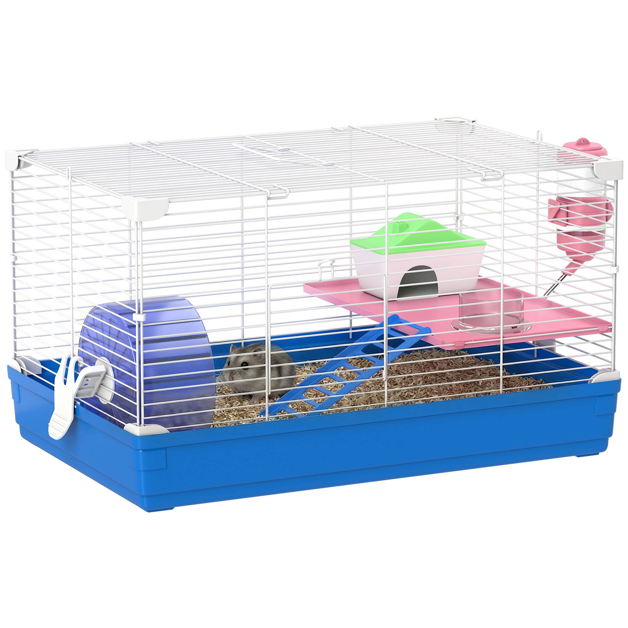 Cage pour hamster et gerbilles avec roue d'exercice, gamelle d'eau, maison et rampes d'accès, 47 x 30 x 27 cm, bleue. - Image 1