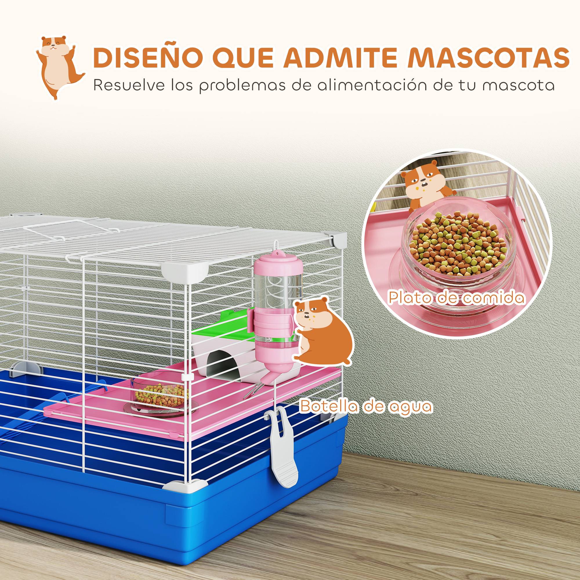 Cage pour hamster et gerbilles avec roue d'exercice, gamelle d'eau, maison et rampes d'accès, 47 x 30 x 27 cm, bleue. - Image 6