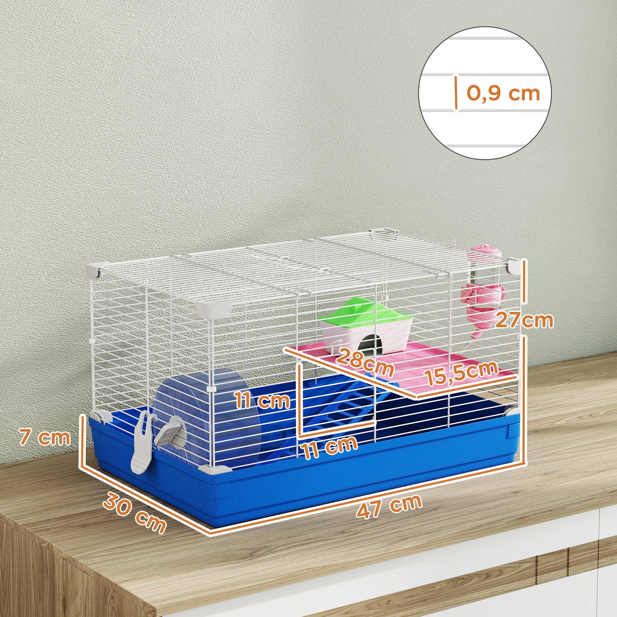 Cage pour hamster et gerbilles avec roue d'exercice, gamelle d'eau, maison et rampes d'accès, 47 x 30 x 27 cm, bleue. - Image 5