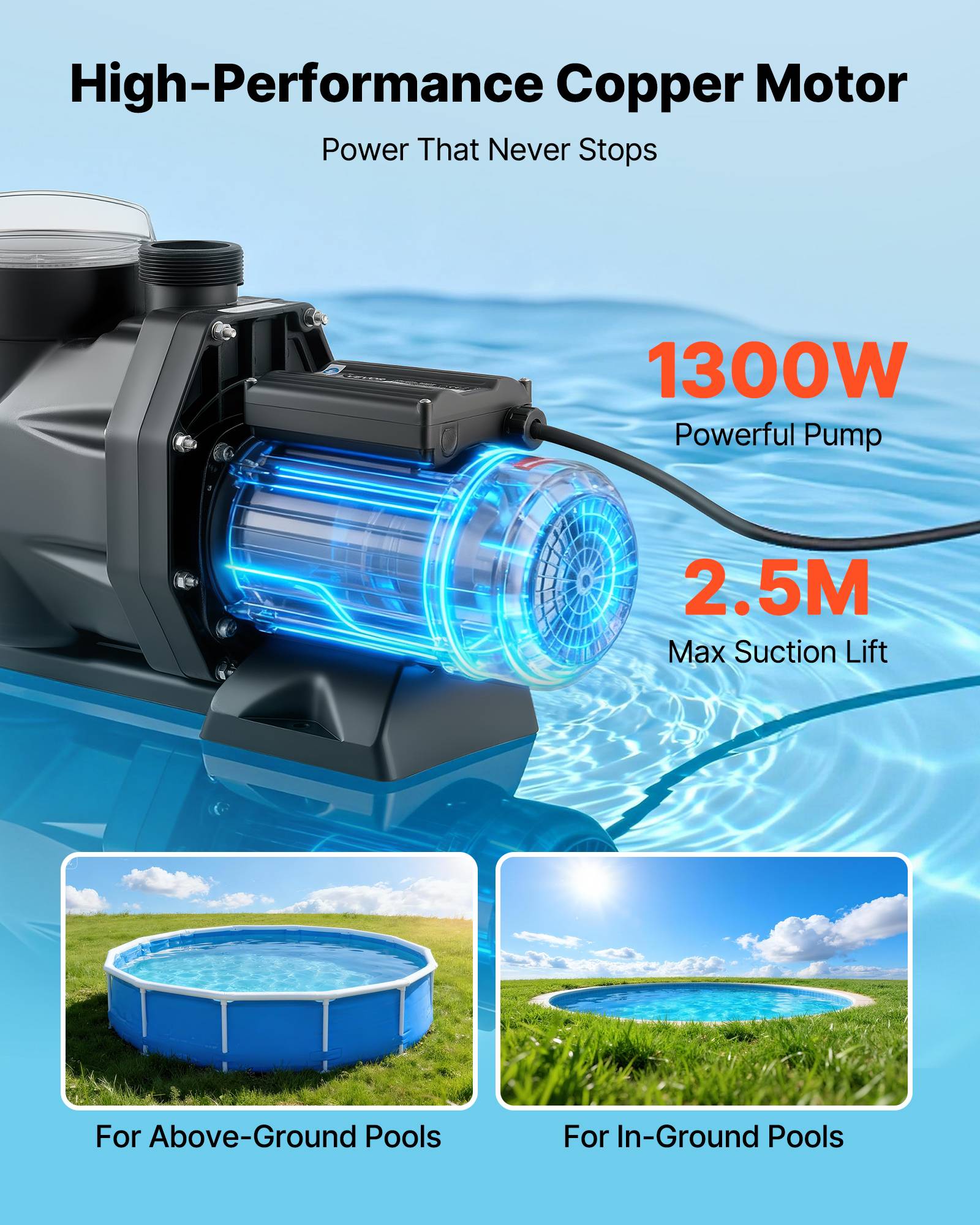 Vevor - VEVOR Pompe piscine 1300 W, 28 800 L/h, hauteur 17 m, monovitesse, panier filtrant, minuterie 24 h, 220-240 V CA. - Image 3