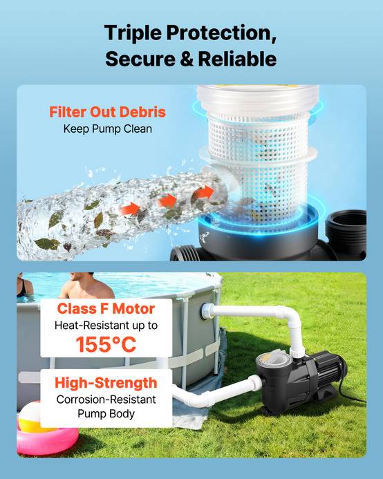 Vevor - VEVOR Pompe piscine 1300 W, 28 800 L/h, hauteur 17 m, monovitesse, panier filtrant, minuterie 24 h, 220-240 V CA. - Image 5