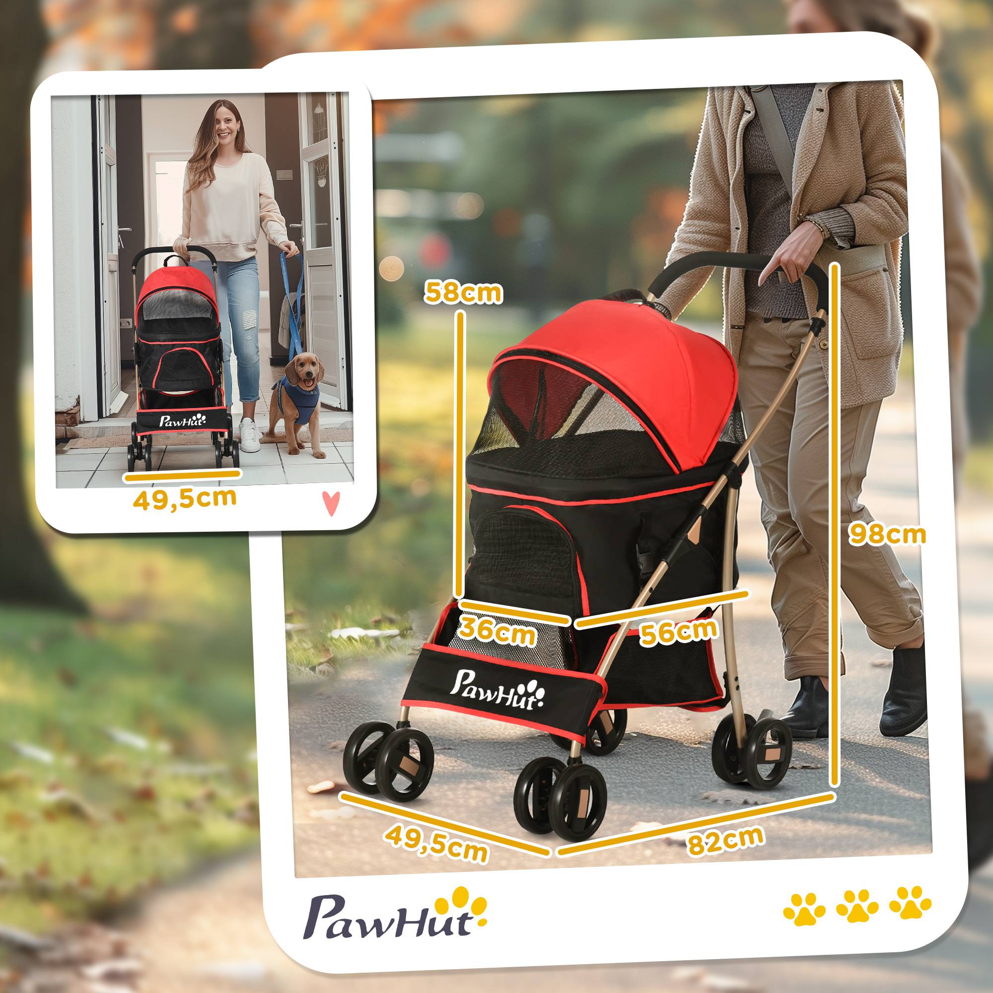 Poussette pour chien 2 en 1, tissu Oxford, rouge, 82 x 49.5 x 98 cm - PANGIVO - Image 3