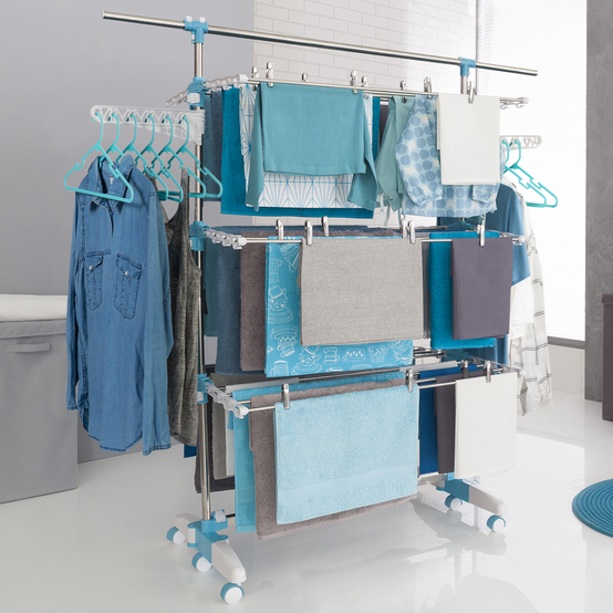 Séchoir à linge vertical pliable 3 niveaux OPTIMUM capacité 30M avec tringle télescopique cintres et pinces blanc et bleu - Image 1
