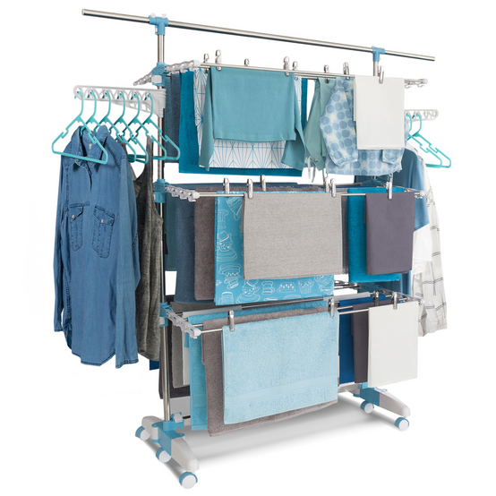 Séchoir à linge vertical pliable 3 niveaux OPTIMUM capacité 30M avec tringle télescopique cintres et pinces blanc et bleu - Image 2