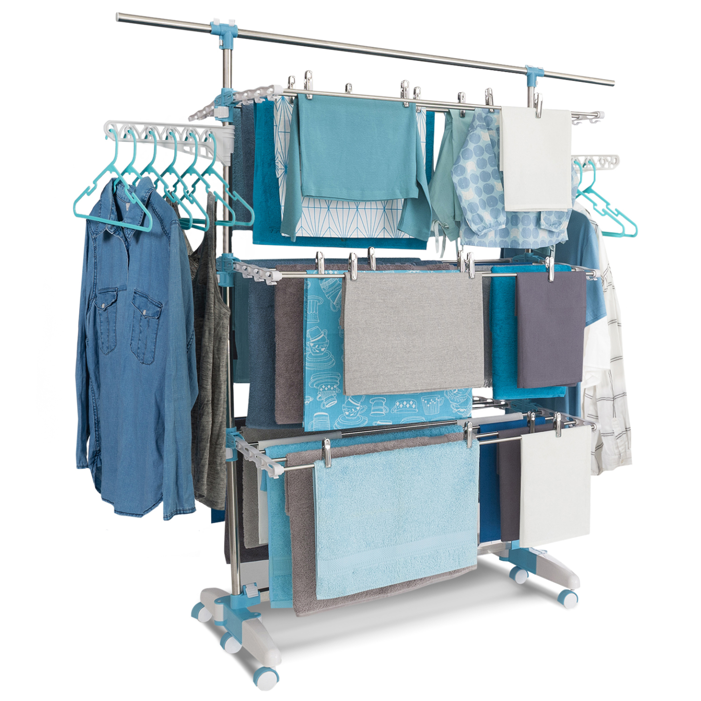 Séchoir à linge vertical pliable 3 niveaux OPTIMUM capacité 30M avec tringle télescopique cintres et pinces blanc et bleu - Image 2