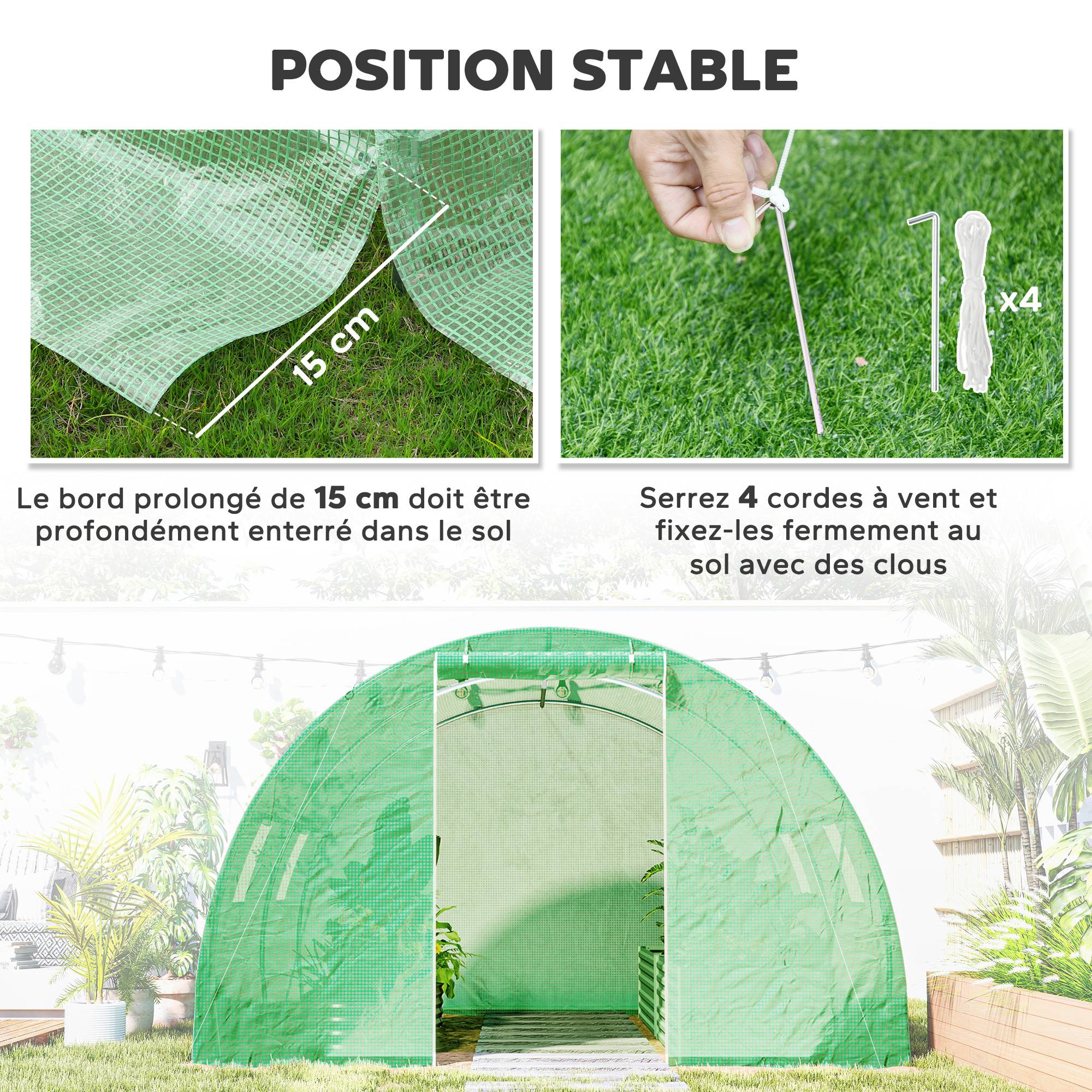 Outsunny - Serre de Jardin Tunnel 9m² 3x3x2m 4 fenêtres porte zippée enroulable châssis acier galvanisé bâche PE haute densité vert - Outsunny - Image 6