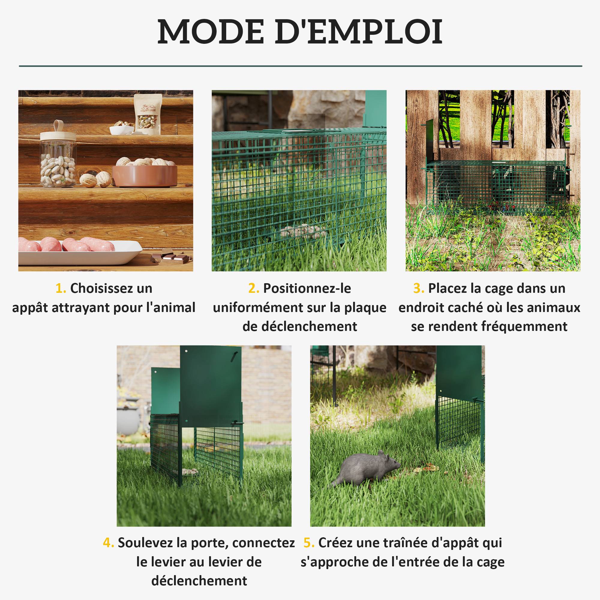 Piège Vivant Cage Attrape 60 x 18 x 20 cm Piège Fouine pour Martres, Rats, Souris - 2 entrées + poignée - métal vert - Image 7