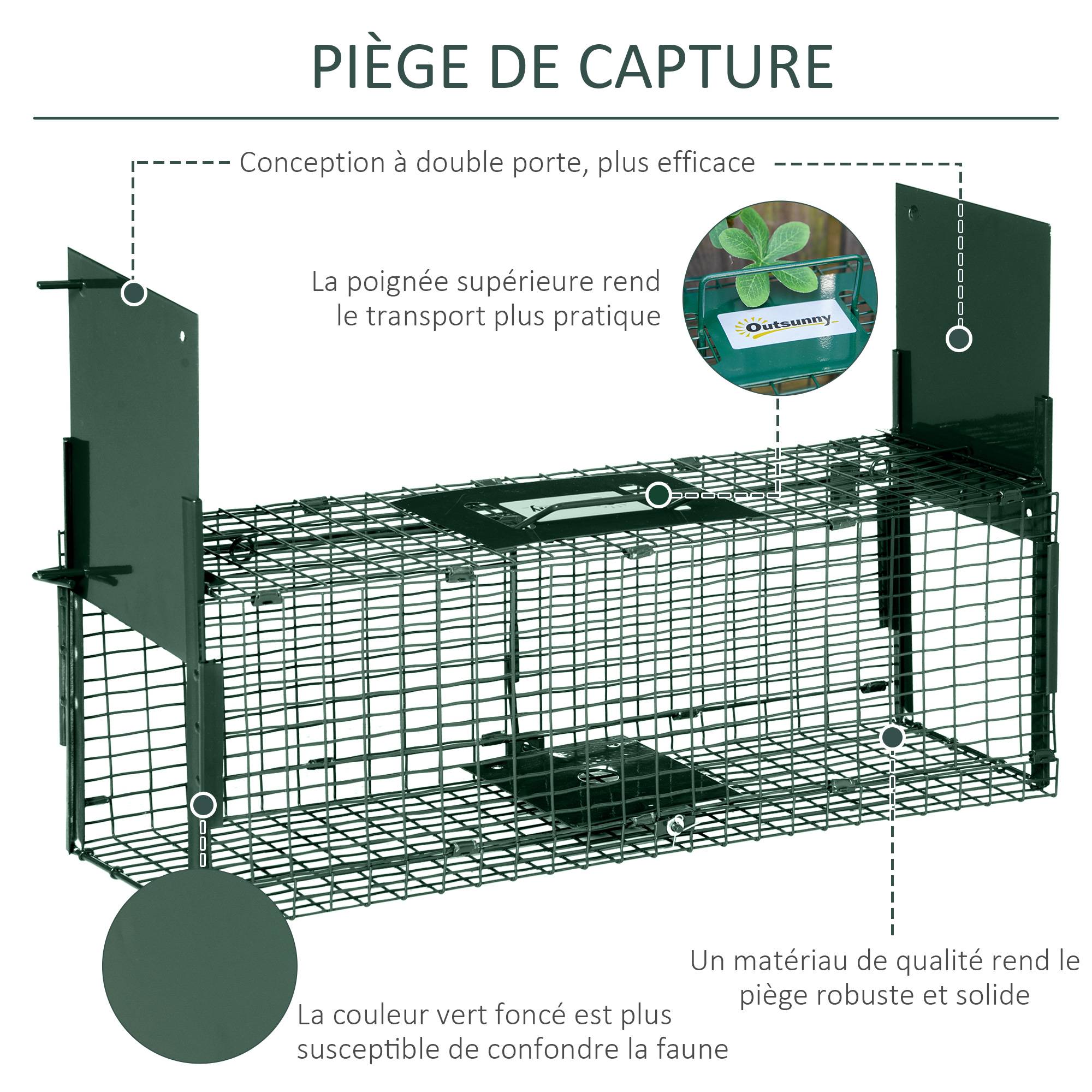 Piège Vivant Cage Attrape 60 x 18 x 20 cm Piège Fouine pour Martres, Rats, Souris - 2 entrées + poignée - métal vert - Image 8