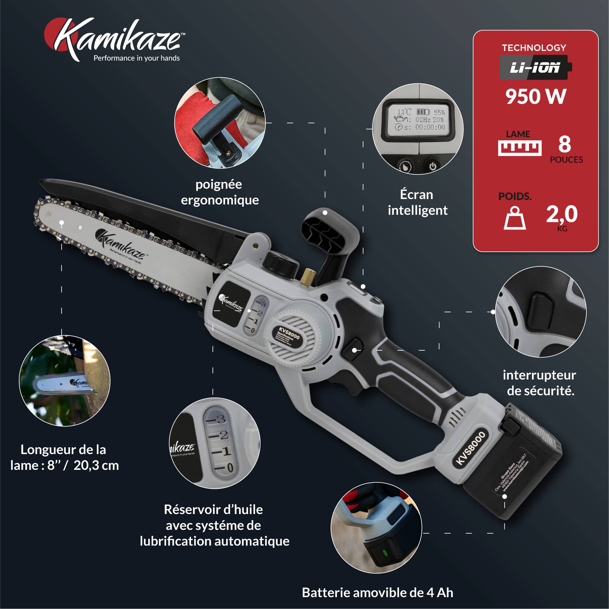 Tronçonneuse électrique KAMIKAZE KVS 8000 21V, 8 pouces, 300W, tronçonneuse électrique sans fil rechargeable avec lumière LED, travail continue - Image 5