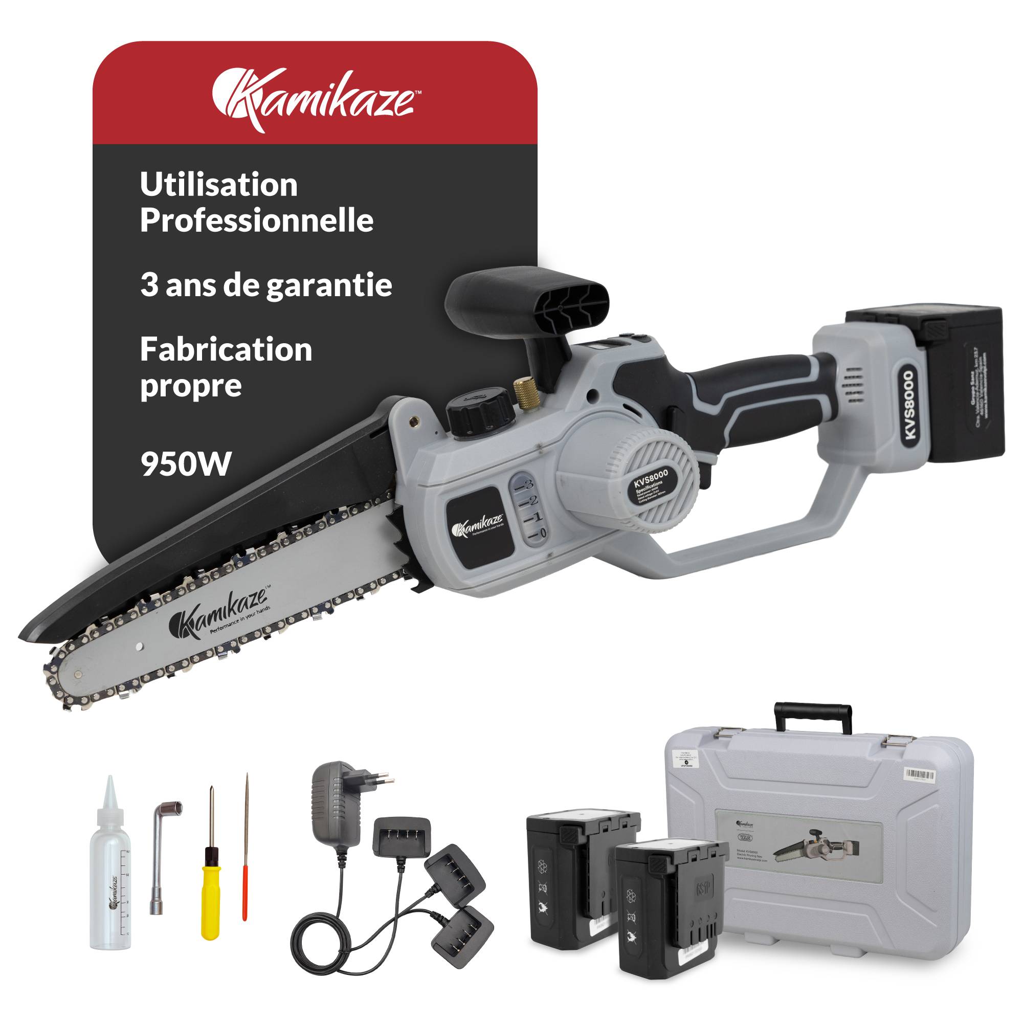 Tronçonneuse électrique KAMIKAZE KVS 8000 21V, 8 pouces, 300W, tronçonneuse électrique sans fil rechargeable avec lumière LED, travail continue - Image 1