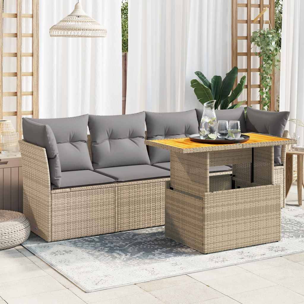Salon de jardin 5 places beige résine tressée et bois avec table ajustable et rangement – ComfortXL Outdoor Living - Image 1