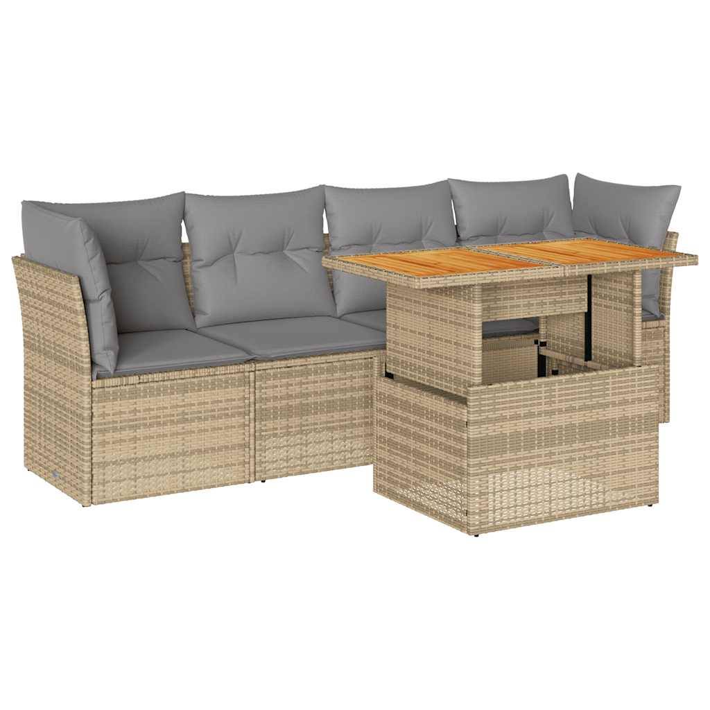 Salon de jardin 5 places beige résine tressée et bois avec table ajustable et rangement – ComfortXL Outdoor Living - Image 2
