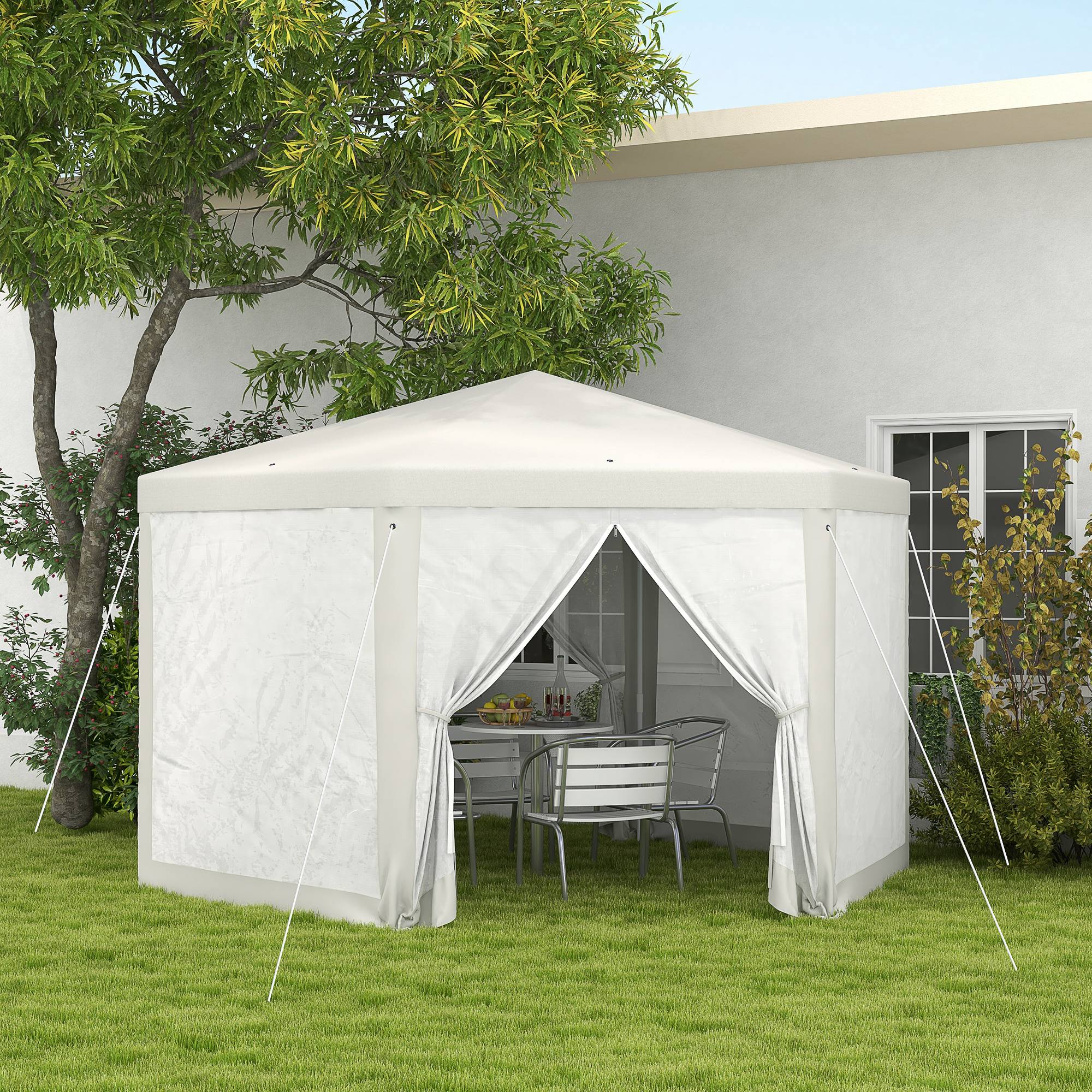 Pavillon de jardin hexagonal, moustiquaires, structure métal, 3,94x3,412x2,5m, crème - Image 3