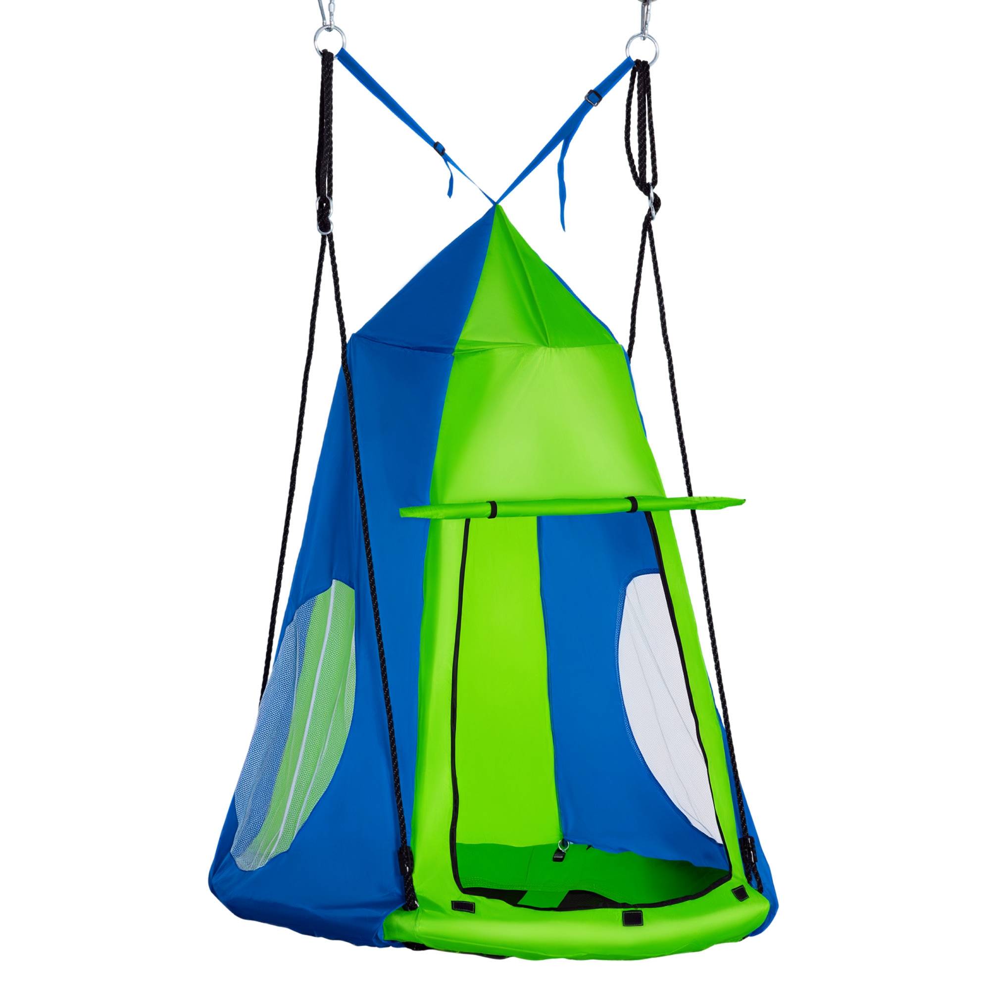 Balançoire nid d'oiseau Ronde avec Tente Amovible Ø 100 cm 4 Anneaux Inclus métal époxy Oxford Haute densité - Vert et Bleu - Image 1