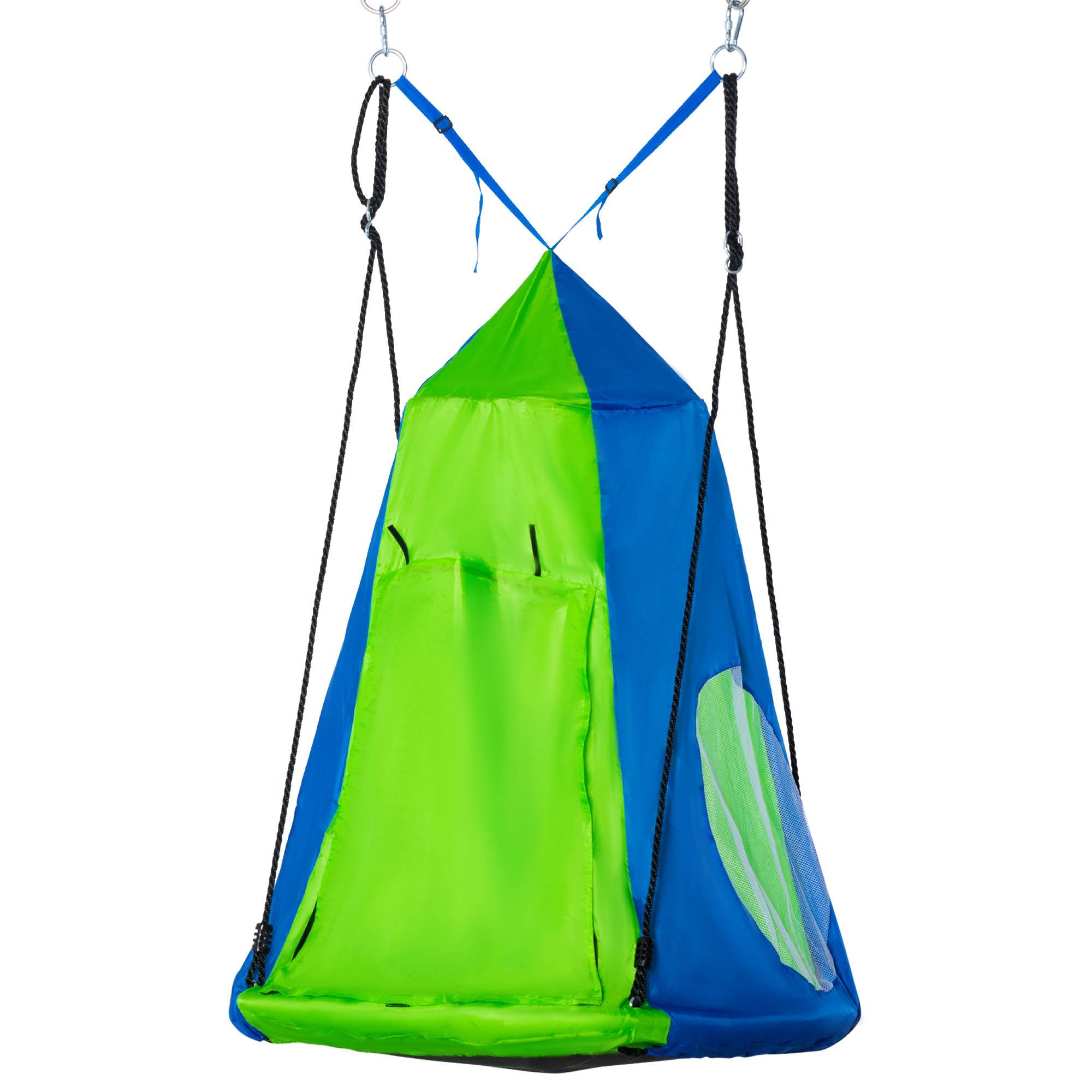 Balançoire nid d'oiseau Ronde avec Tente Amovible Ø 100 cm 4 Anneaux Inclus métal époxy Oxford Haute densité - Vert et Bleu - Image 2