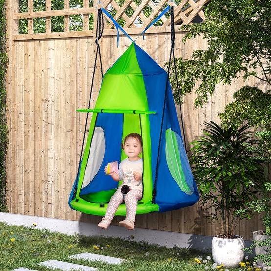 Balançoire nid d'oiseau Ronde avec Tente Amovible Ø 100 cm 4 Anneaux Inclus métal époxy Oxford Haute densité - Vert et Bleu - Image 3