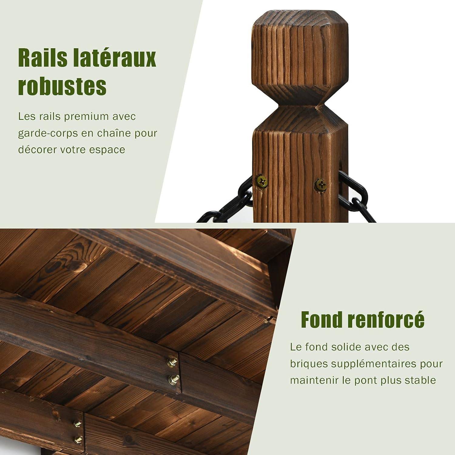 Pont de Jardin en Sapin 150 x 67 x 55cm Carbonisé Charge 225 Kg avec Chaînes de Sécurité - Image 3