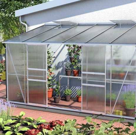 Vitavia - Serre adossée IDA 7800 - 7,8 m² en polycarbonate avec porte coulissante & lucarnes, Couleur Aluminium , Polycarbonate 4 mm - Image 1