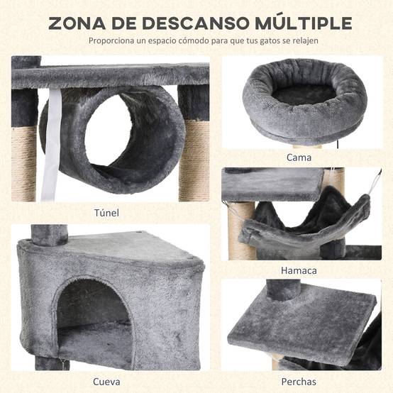 Grande Tour pour Chat 154 cm avec Niche Hamac Tunnel et Postes à Griffer en Sisal Gris - ComfortXL Outdoor Living - Image 5
