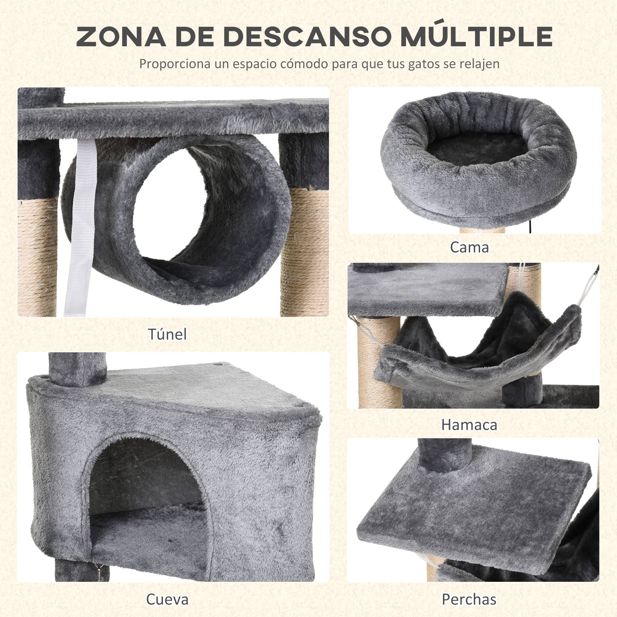 Grande Tour pour Chat 154 cm avec Niche Hamac Tunnel et Postes à Griffer en Sisal Gris - ComfortXL Outdoor Living - Image 5