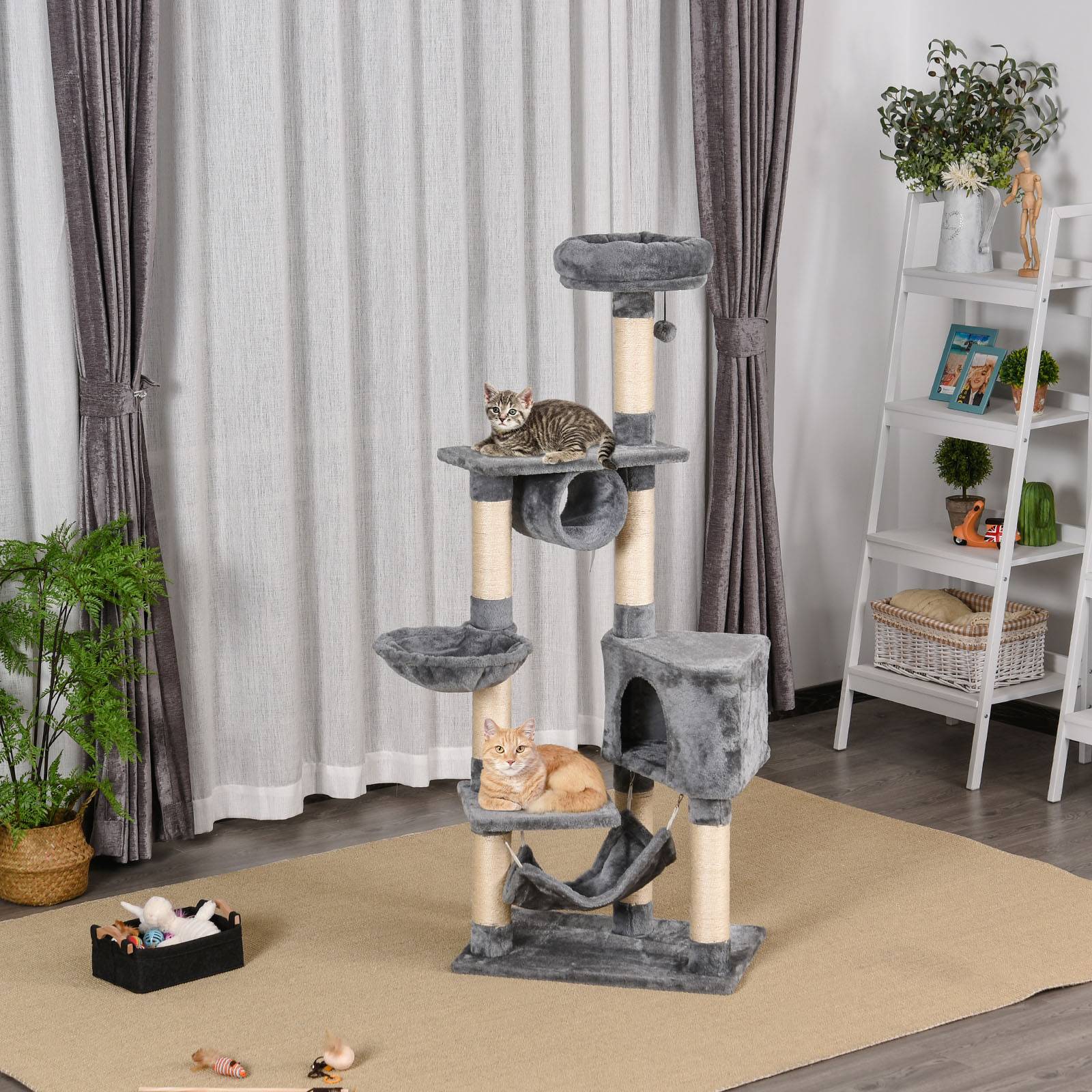Grande Tour pour Chat 154 cm avec Niche Hamac Tunnel et Postes à Griffer en Sisal Gris - ComfortXL Outdoor Living - Image 2