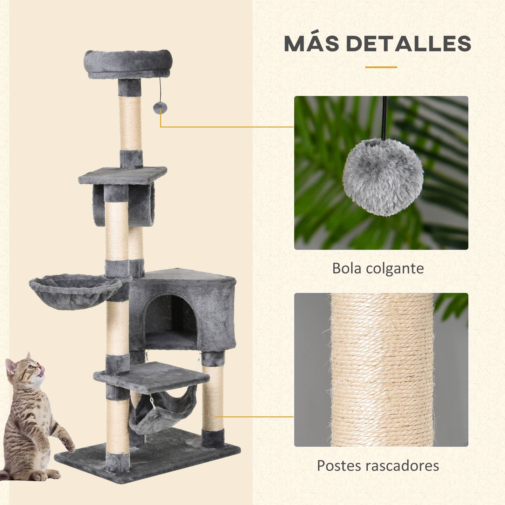 Grande Tour pour Chat 154 cm avec Niche Hamac Tunnel et Postes à Griffer en Sisal Gris - ComfortXL Outdoor Living - Image 6