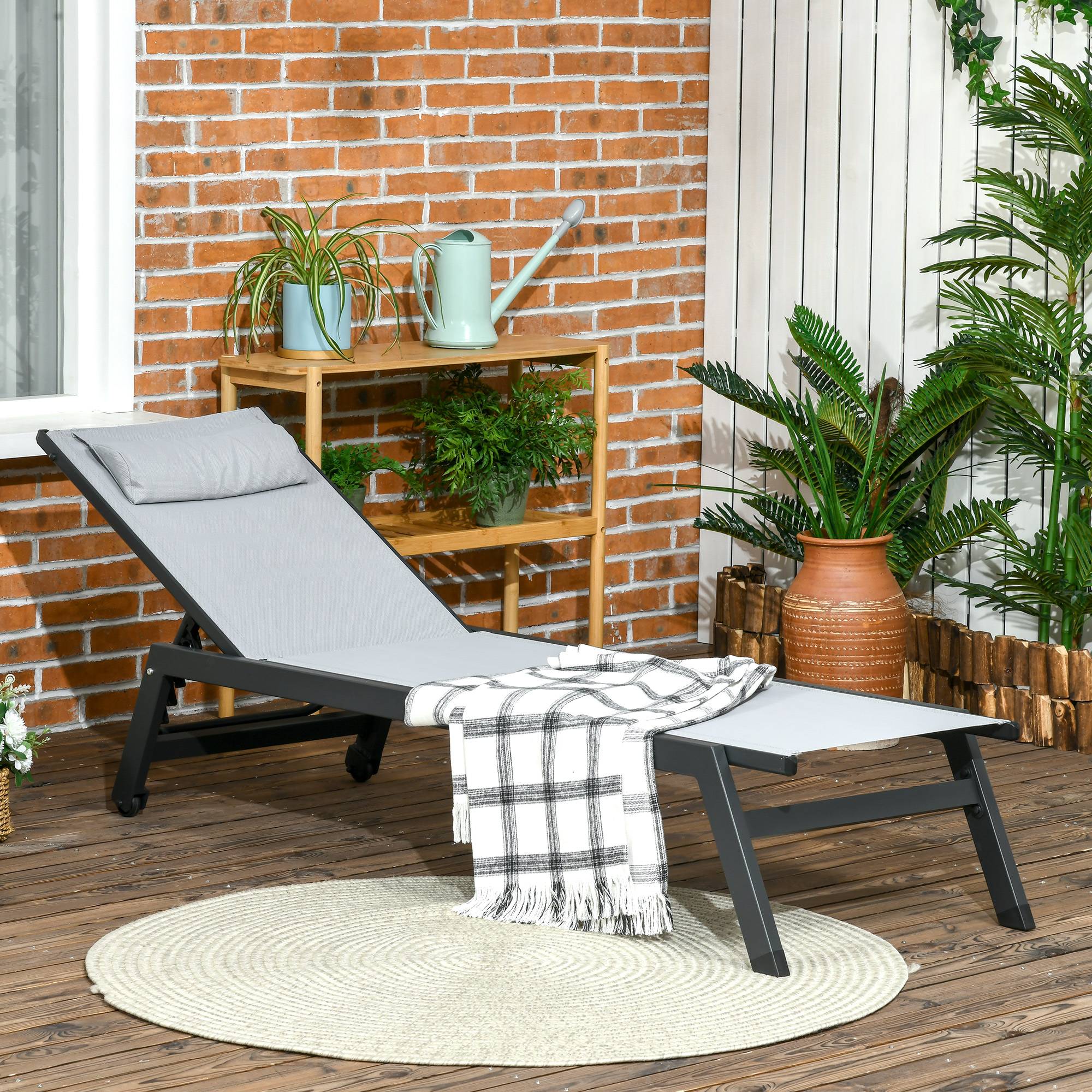 Outsunny - Bain de soleil transat inclinable 5 positions - tétière, 2 roulettes - alu. textilène gris - Outsunny - Image 2
