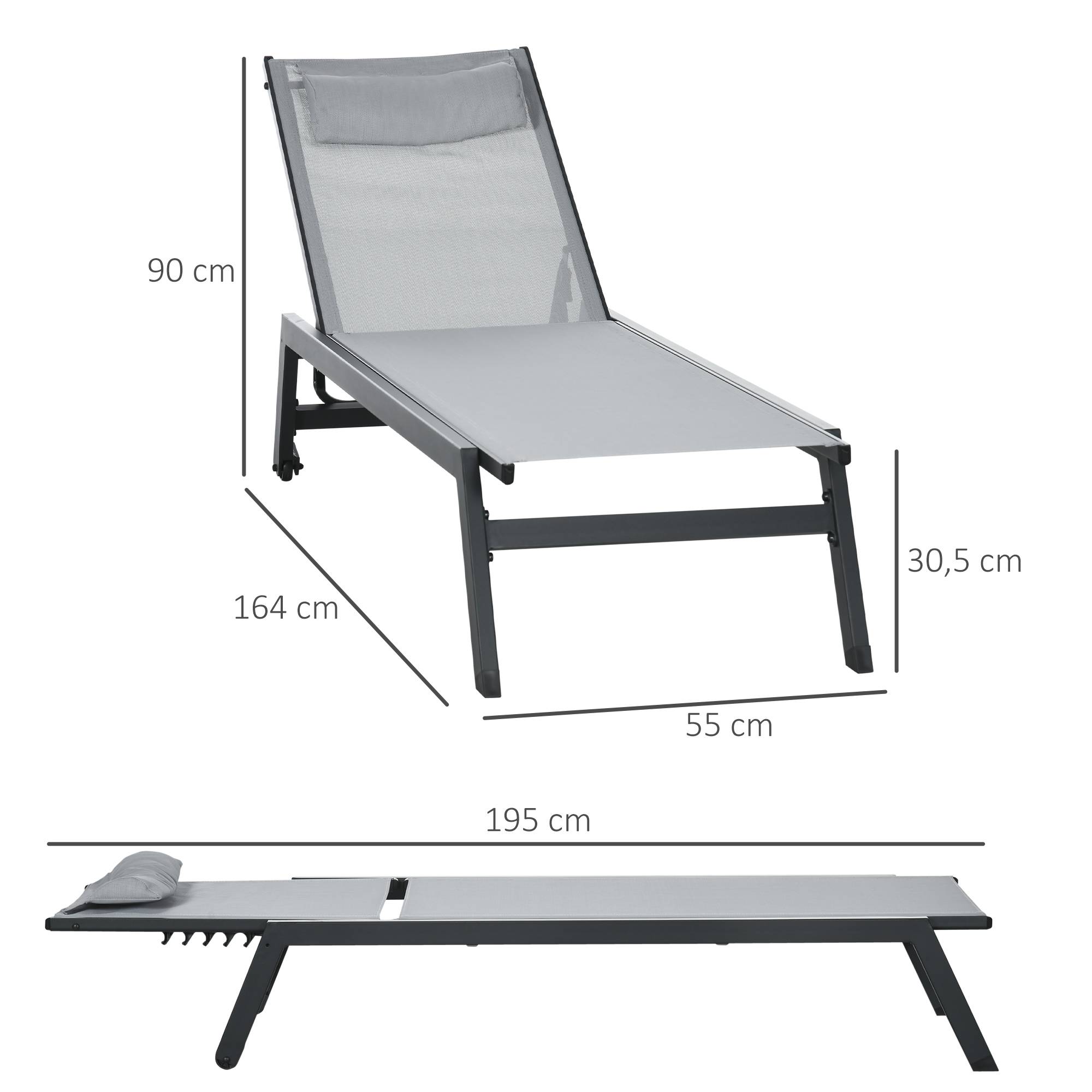 Outsunny - Bain de soleil transat inclinable 5 positions - tétière, 2 roulettes - alu. textilène gris - Outsunny - Image 3