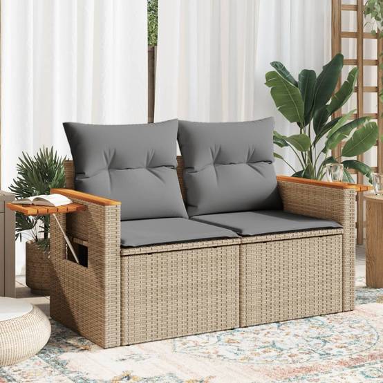 Canapé Extérieur 2 Places Résine Beige Acacia Tablette et Coussins Gris Clair – ComfortXL Outdoor Living - Image 1