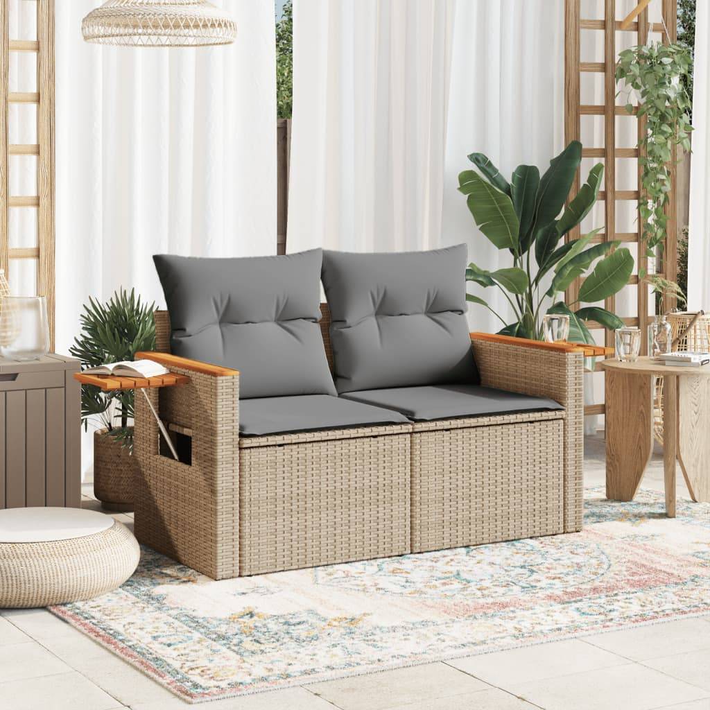 Canapé Extérieur 2 Places Résine Beige Acacia Tablette et Coussins Gris Clair – ComfortXL Outdoor Living - Image 3